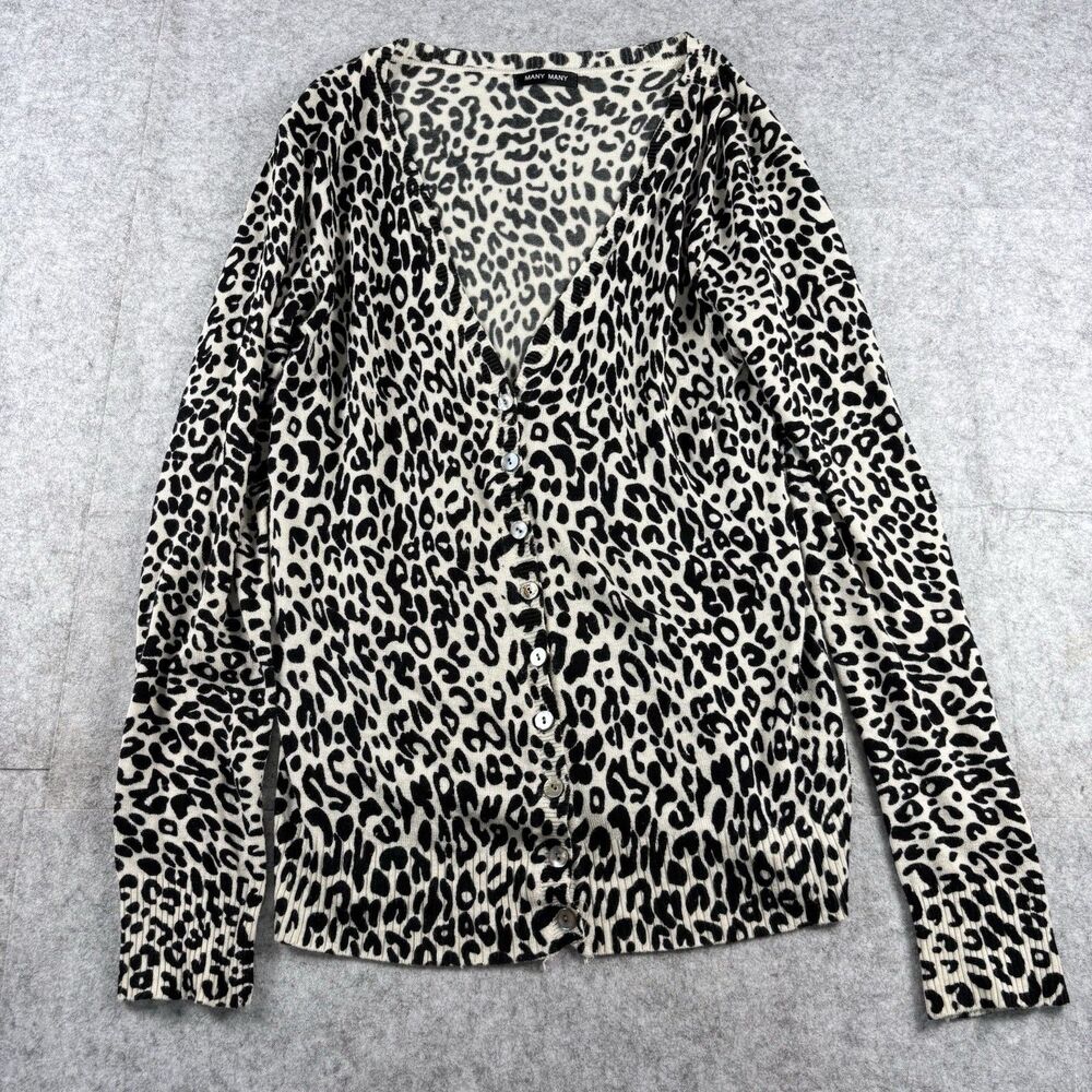 Many Many Black White Leopard Print Button-Front Cardigan Sweater Womens Medium